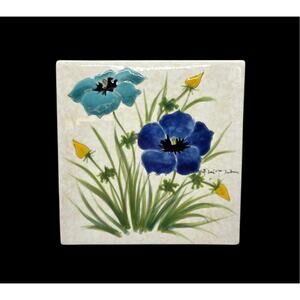 Hand Painted Floral Ceramic Tile Trivet Made in Italy Signed  8" x 8"